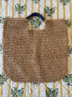 Mark & Graham Woven Straw Tote Bag with Black Handles - Natural